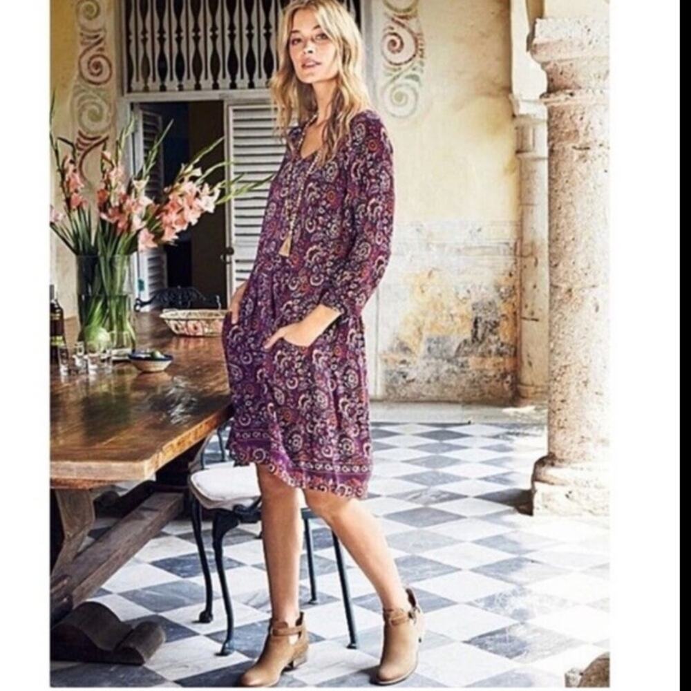 Garnet Hill Dress 3/4 Sleeve Purple Floral Pullover Pockets Viscose Women Size 8